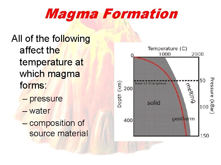 Magma Formation All of the following affect the temperature at which magma forms: –