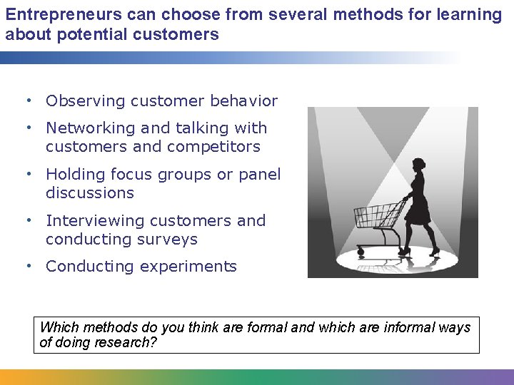 Entrepreneurs can choose from several methods for learning about potential customers • Observing customer