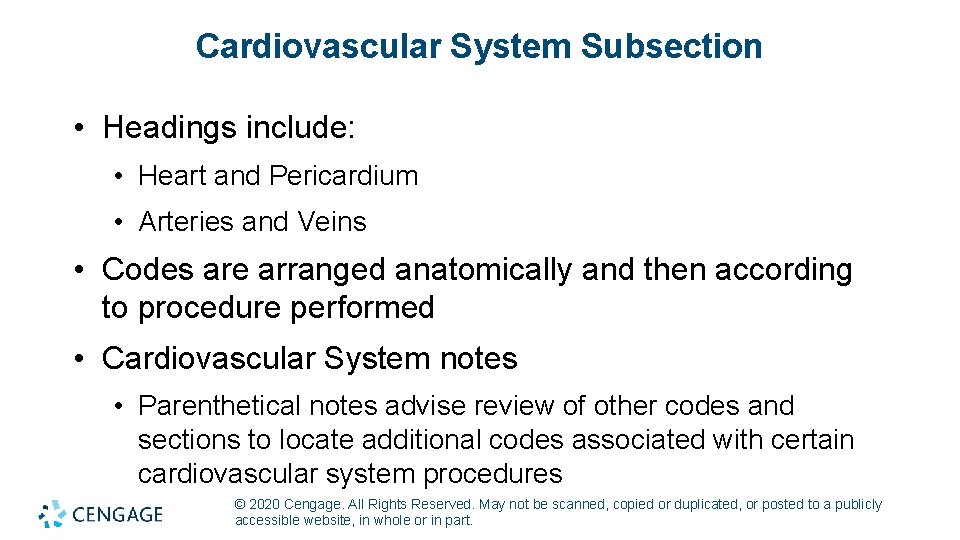 Cardiovascular System Subsection • Headings include: • Heart and Pericardium • Arteries and Veins