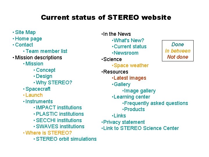 Current status of STEREO website • Site Map • Home page • Contact •