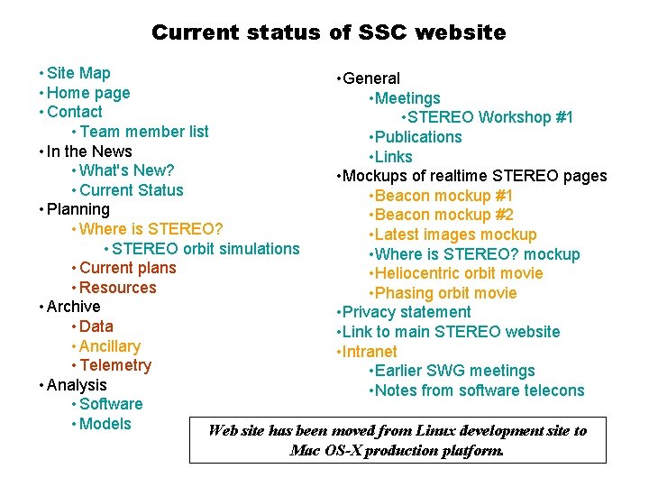 Current status of SSC website • Site Map • General • Home page •