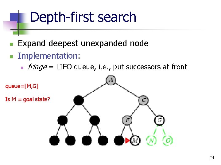 Depth-first search n n Expand deepest unexpanded node Implementation: n fringe = LIFO queue,