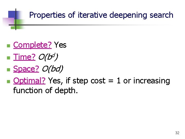 Properties of iterative deepening search n n Complete? Yes Time? O(bd) Space? O(bd) Optimal?
