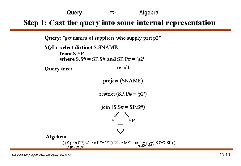 Query => Algebra Step 1: Cast the query into some internal representation Query: "get