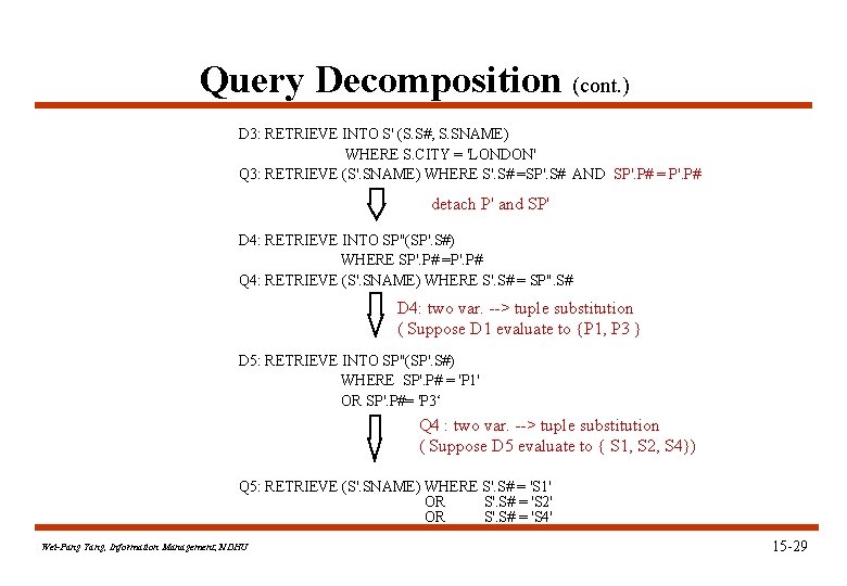 Query Decomposition (cont. ) D 3: RETRIEVE INTO S' (S. S#, S. SNAME) WHERE