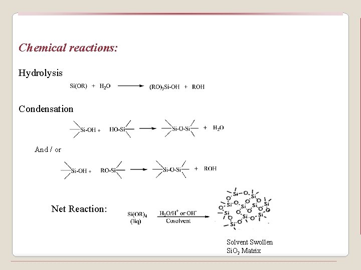 Chemical reactions: Hydrolysis Condensation And / or Net Reaction: Solvent Swollen Si. O 2