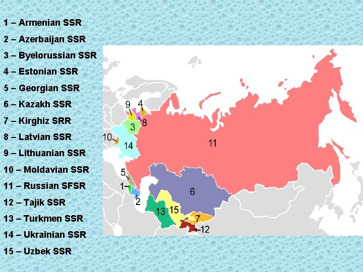 1 – Armenian SSR 2 – Azerbaijan SSR 3 – Byelorussian SSR 4 – 1 – Armenian SSR 2 – Azerbaijan SSR 3 – Byelorussian SSR 4 –