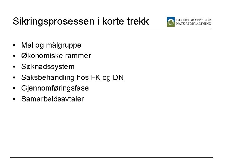 Sikringsprosessen i korte trekk • • • Mål og målgruppe Økonomiske rammer Søknadssystem Saksbehandling