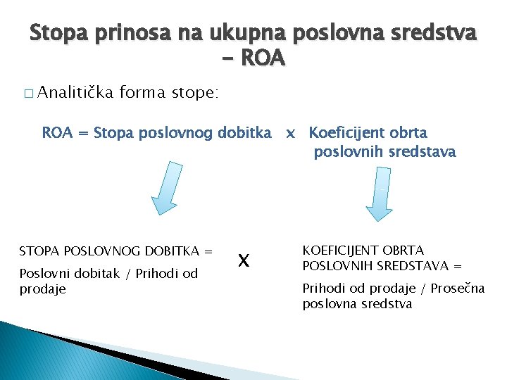 Stopa prinosa na ukupna poslovna sredstva - ROA � Analitička forma stope: ROA =
