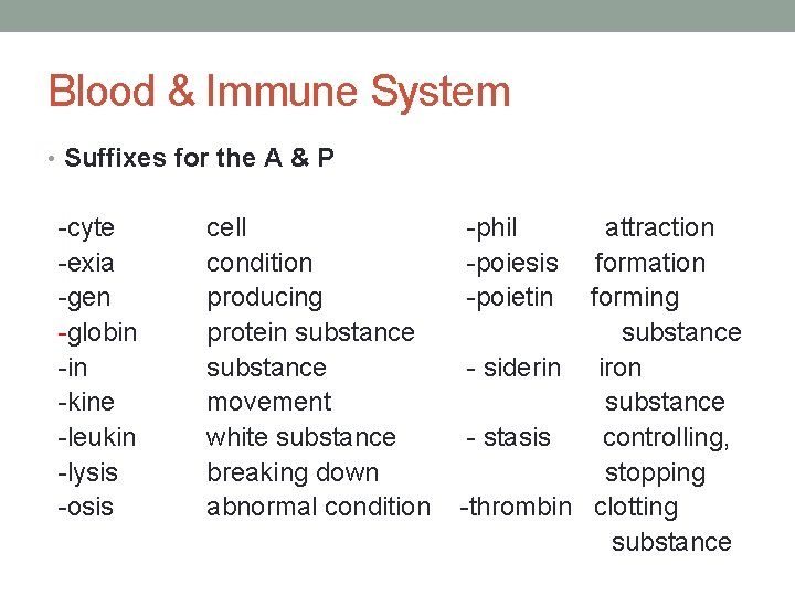 Blood & Immune System • Suffixes for the A & P -cyte -exia -gen