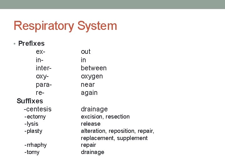 Respiratory System • Prefixes exininteroxyparare. Suffixes -centesis -ectomy -lysis -plasty -rrhaphy -tomy out in