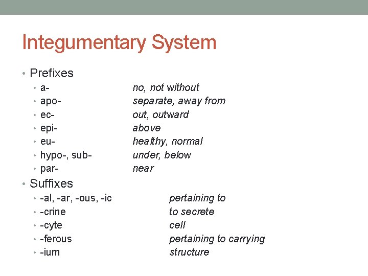 Integumentary System • Prefixes • apo • ec • epi • eu • hypo-,