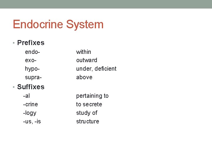 Endocrine System • Prefixes endoexohyposupra- within outward under, deficient above • Suffixes -al -crine