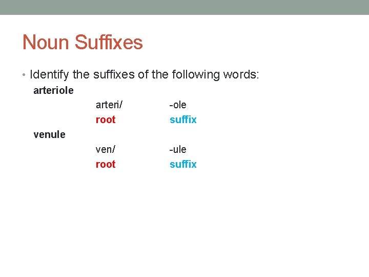 Noun Suffixes • Identify the suffixes of the following words: arteriole arteri/ -ole root