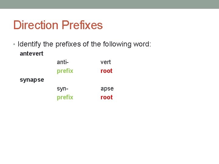 Direction Prefixes • Identify the prefixes of the following word: antevert antivert prefix root