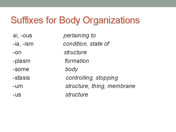 Suffixes for Body Organizations ai, -ous -ia, -ism -on -plasm -some -stasis -um -us