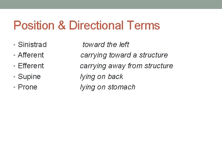 Position & Directional Terms • Sinistrad • Afferent • Efferent • Supine • Prone
