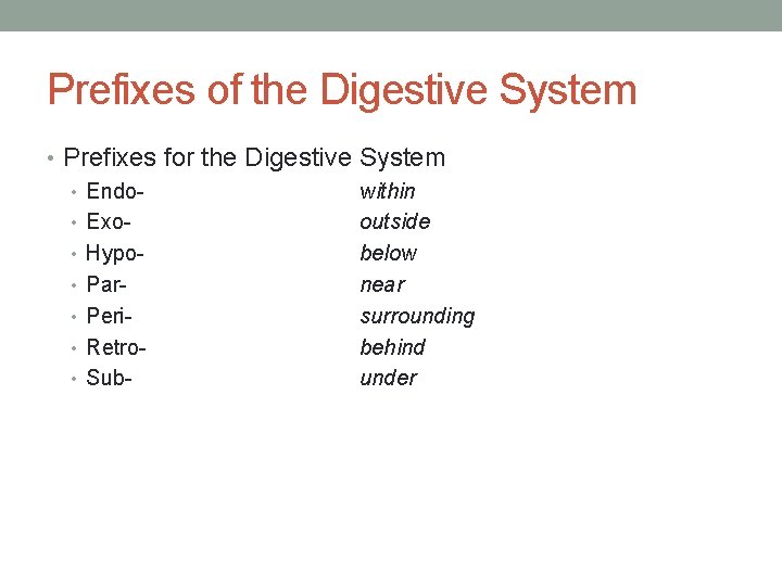 Prefixes of the Digestive System • Prefixes for the Digestive System • Endowithin •