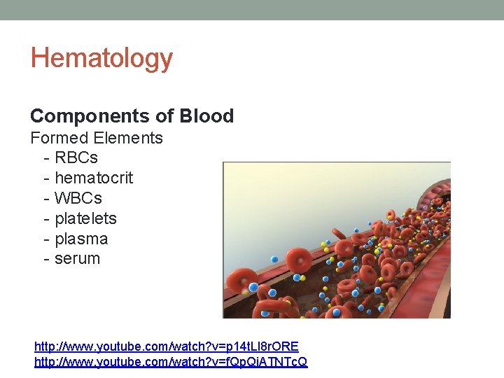 Hematology Components of Blood Formed Elements - RBCs - hematocrit - WBCs - platelets