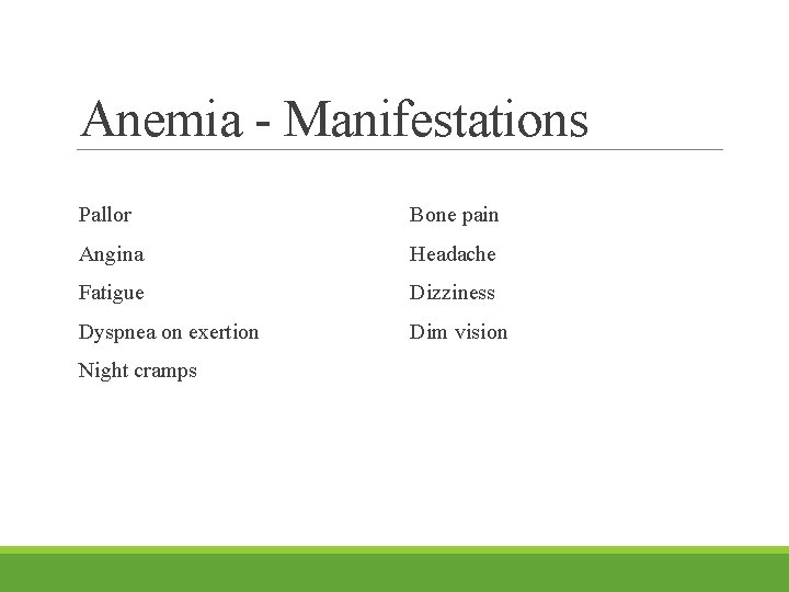 Anemia - Manifestations Pallor Bone pain Angina Headache Fatigue Dizziness Dyspnea on exertion Dim