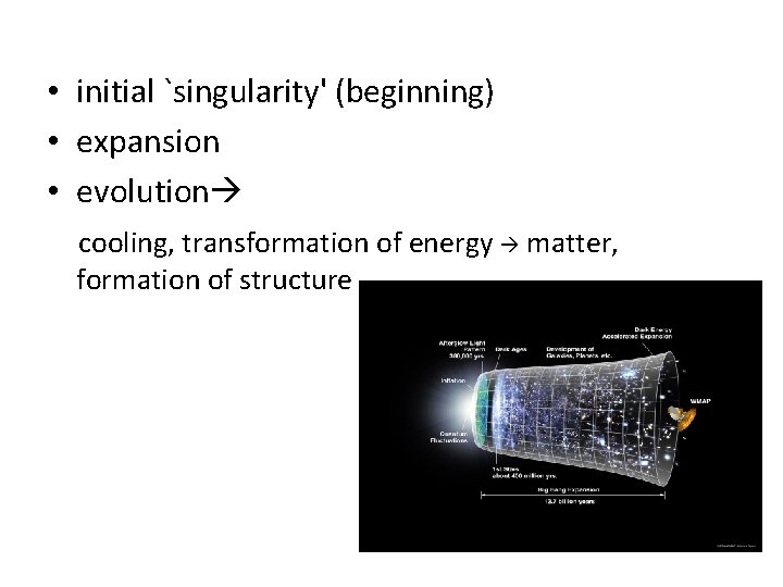  • initial `singularity' (beginning) • expansion • evolution cooling, transformation of energy matter,