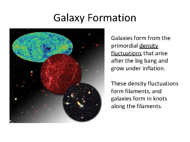 Galaxy Formation Galaxies form from the primordial density fluctuations that arise after the big