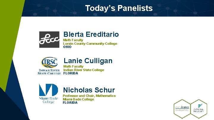 Today’s Panelists Blerta Ereditario Math Faculty Lorain County Community College OHIO Lanie Culligan Math