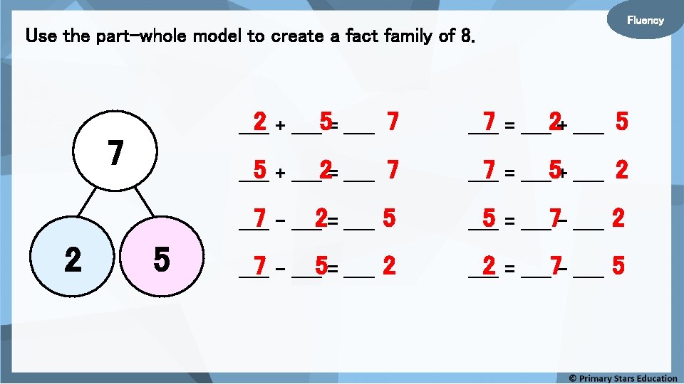 Fluency Use the part-whole model to create a fact family of 8. 7 2