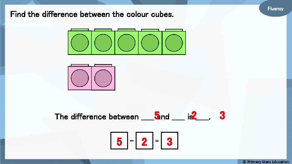 Fluency Find the difference between the colour cubes. The difference between _____5 and _____