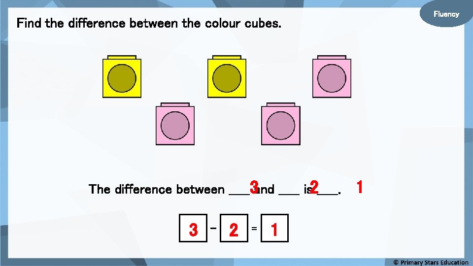 Fluency Find the difference between the colour cubes. The difference between _____3 and _____