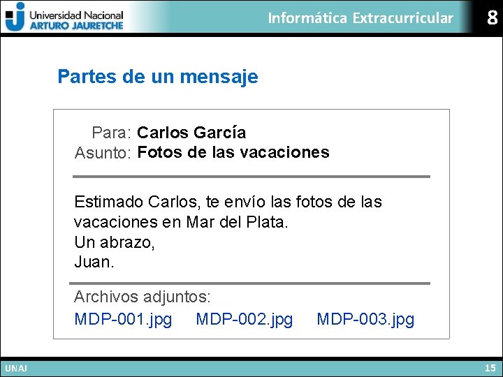 Informática Extracurricular 8 Partes de un mensaje Para: Carlos García Asunto: Fotos de las