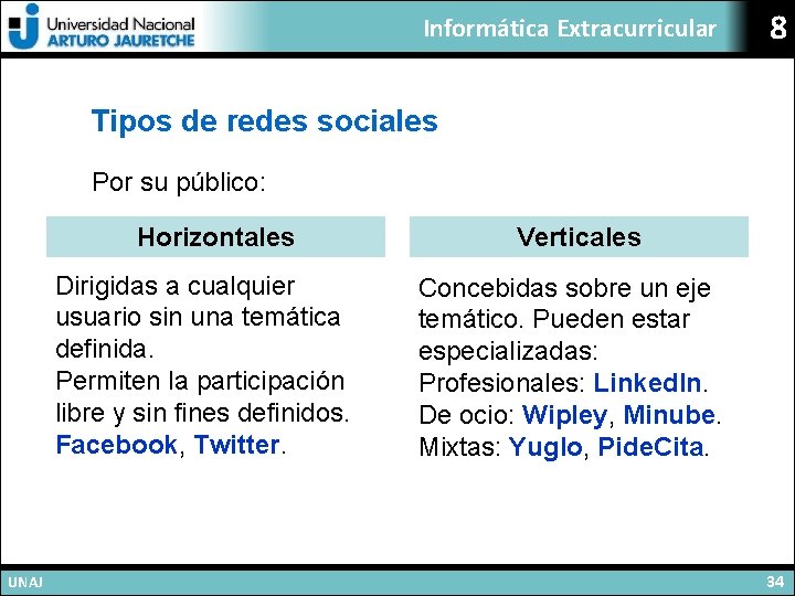Informática Extracurricular 8 Tipos de redes sociales Por su público: Horizontales Dirigidas a cualquier