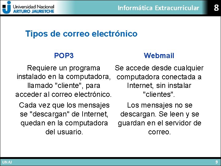 Informática Extracurricular 8 Tipos de correo electrónico POP 3 Webmail Requiere un programa Se