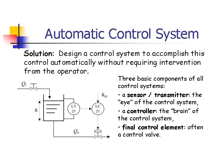 Automatic Control System Solution: Design a control system to accomplish this control automatically without