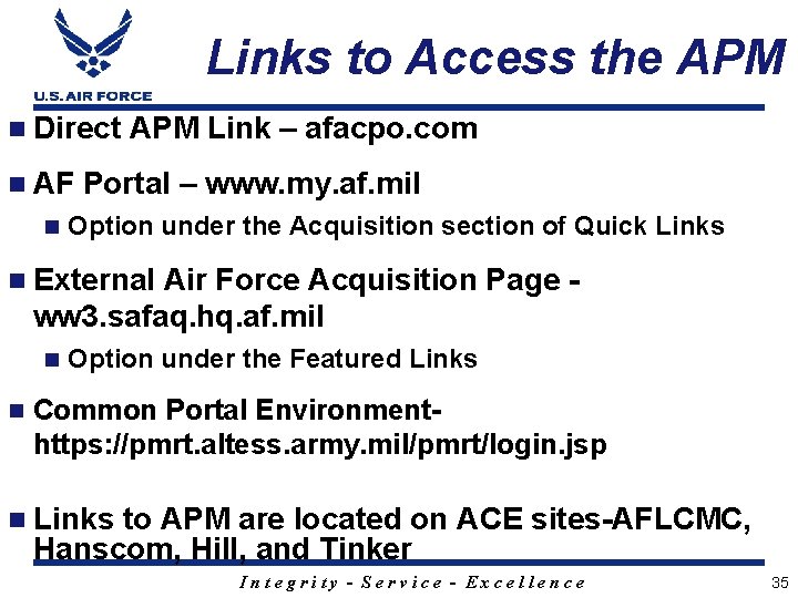 Links to Access the APM n Direct n AF n APM Link – afacpo.