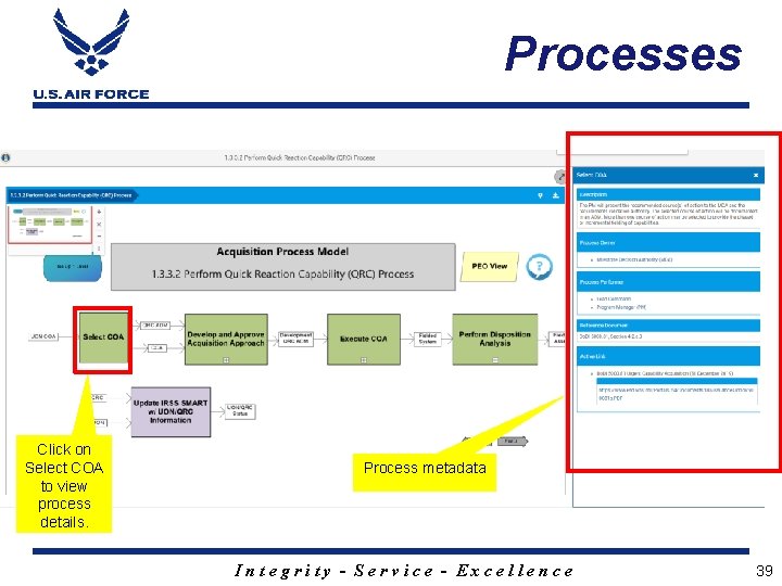 Processes Click on Select COA to view process details. Process metadata Integrity - Service