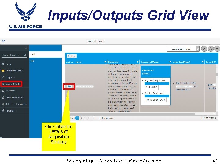 Inputs/Outputs Grid View Click folder for Details of Acquisition Strategy Integrity - Service -