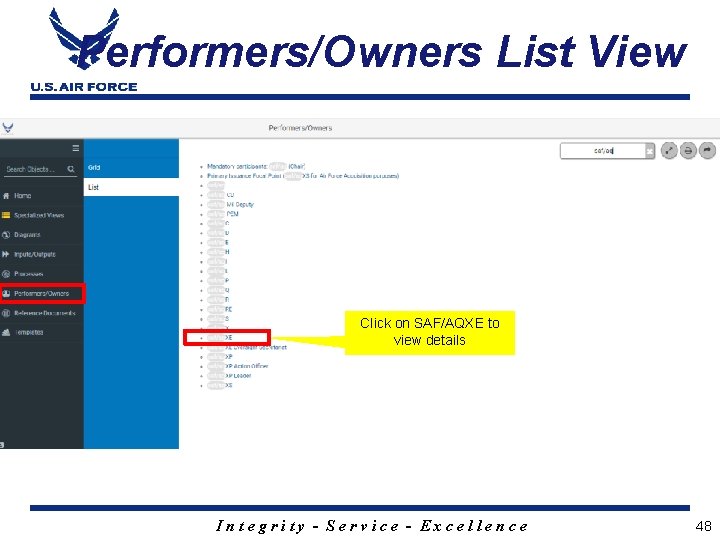 Performers/Owners List View Click on SAF/AQXE to view details Integrity - Service - Excellence