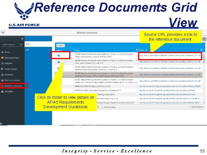 Reference Documents Grid View Source URL provides a link to the reference document. Click