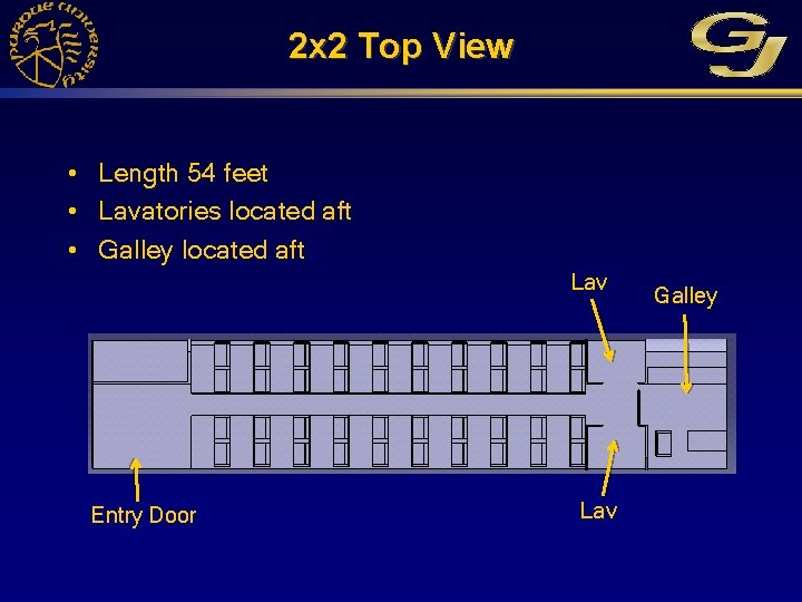 2 x 2 Top View • Length 54 feet • Lavatories located aft •