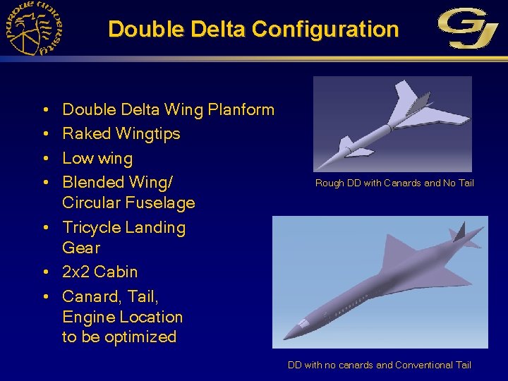 Double Delta Configuration • • Double Delta Wing Planform Raked Wingtips Low wing Blended