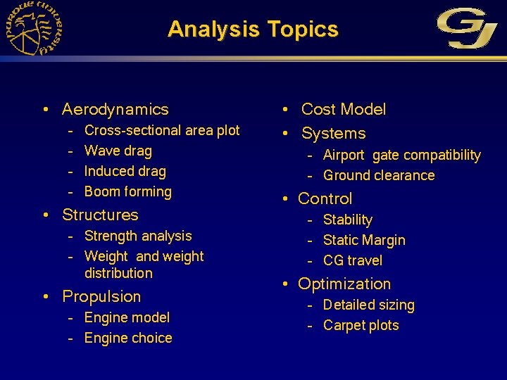 Analysis Topics • Aerodynamics – – Cross-sectional area plot Wave drag Induced drag Boom