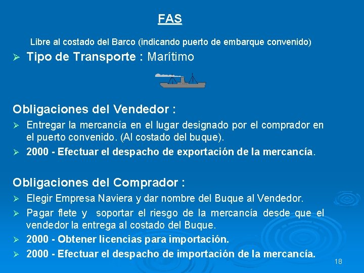 FAS Libre al costado del Barco (indicando puerto de embarque convenido) Ø Tipo de