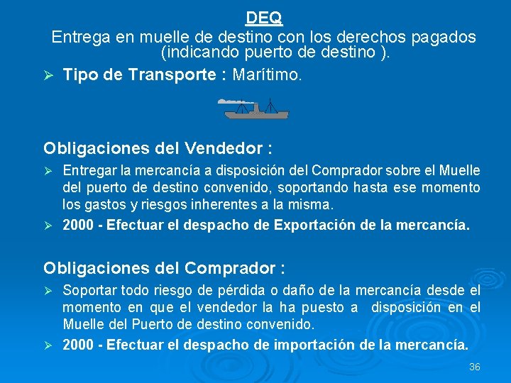 DEQ Entrega en muelle de destino con los derechos pagados (indicando puerto de destino