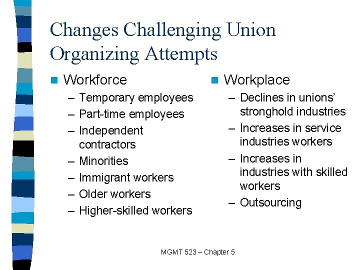 Changes Challenging Union Organizing Attempts n Workforce n – Temporary employees – Part-time employees