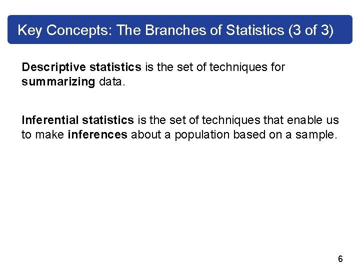 Key Concepts: The Branches of Statistics (3 of 3) Descriptive statistics is the set