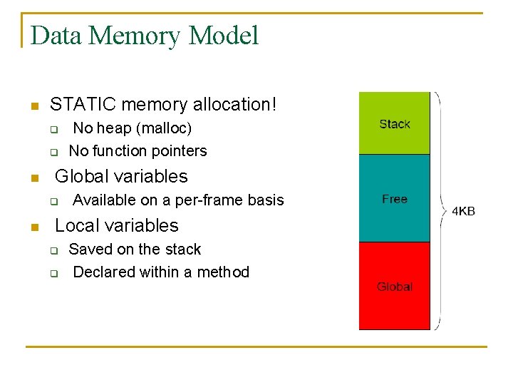 Data Memory Model n STATIC memory allocation! q q n Global variables q n