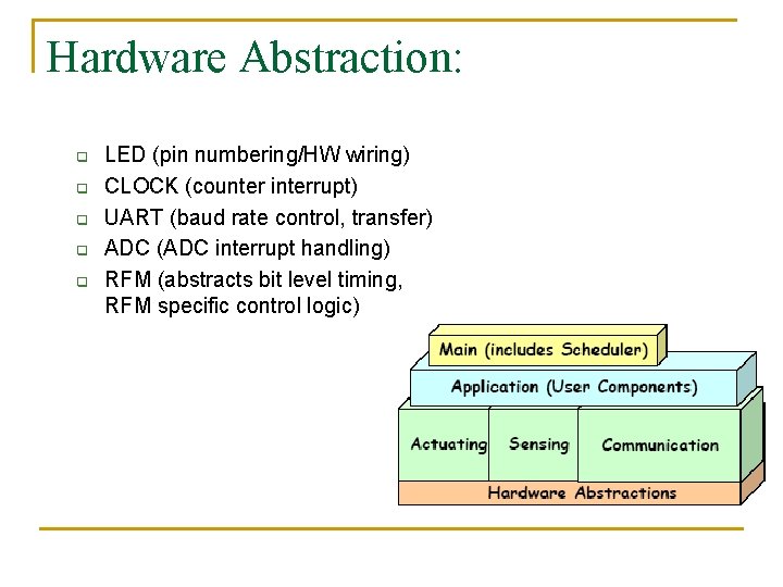 Hardware Abstraction: q q q LED (pin numbering/HW wiring) CLOCK (counter interrupt) UART (baud