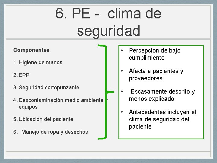6. PE - clima de seguridad Componentes 1. Higiene de manos 2. EPP 3. 6. PE - clima de seguridad Componentes 1. Higiene de manos 2. EPP 3.