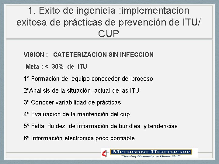 1. Exito de ingenieía : implementacion exitosa de prácticas de prevención de ITU/ CUP 1. Exito de ingenieía : implementacion exitosa de prácticas de prevención de ITU/ CUP